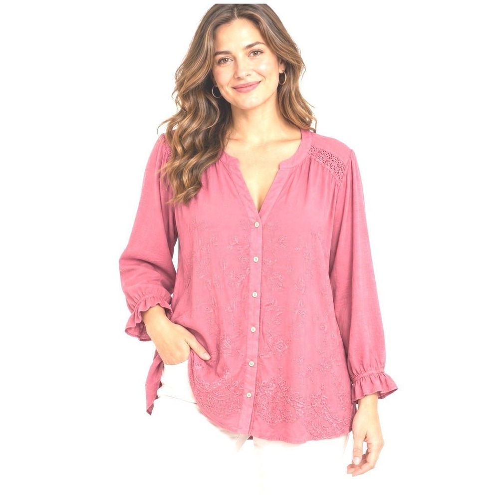 Democracy 3X Mauve Pink Embroidered Button Down Blouse Boho 3/4 Sleeves